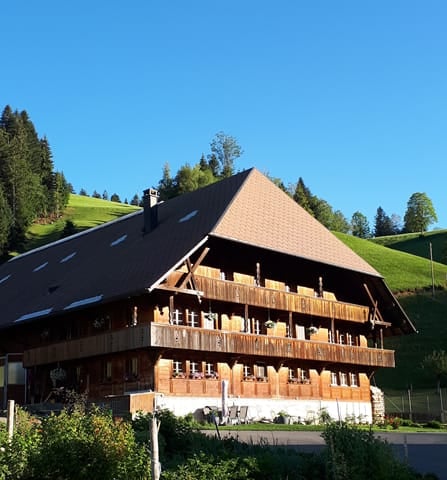 Traditional wooden chalet with a large balcony overlooking a green, hilly landscape. The building has a steep, dark roof with multiple skylights and is surrounded by trees and open fields.