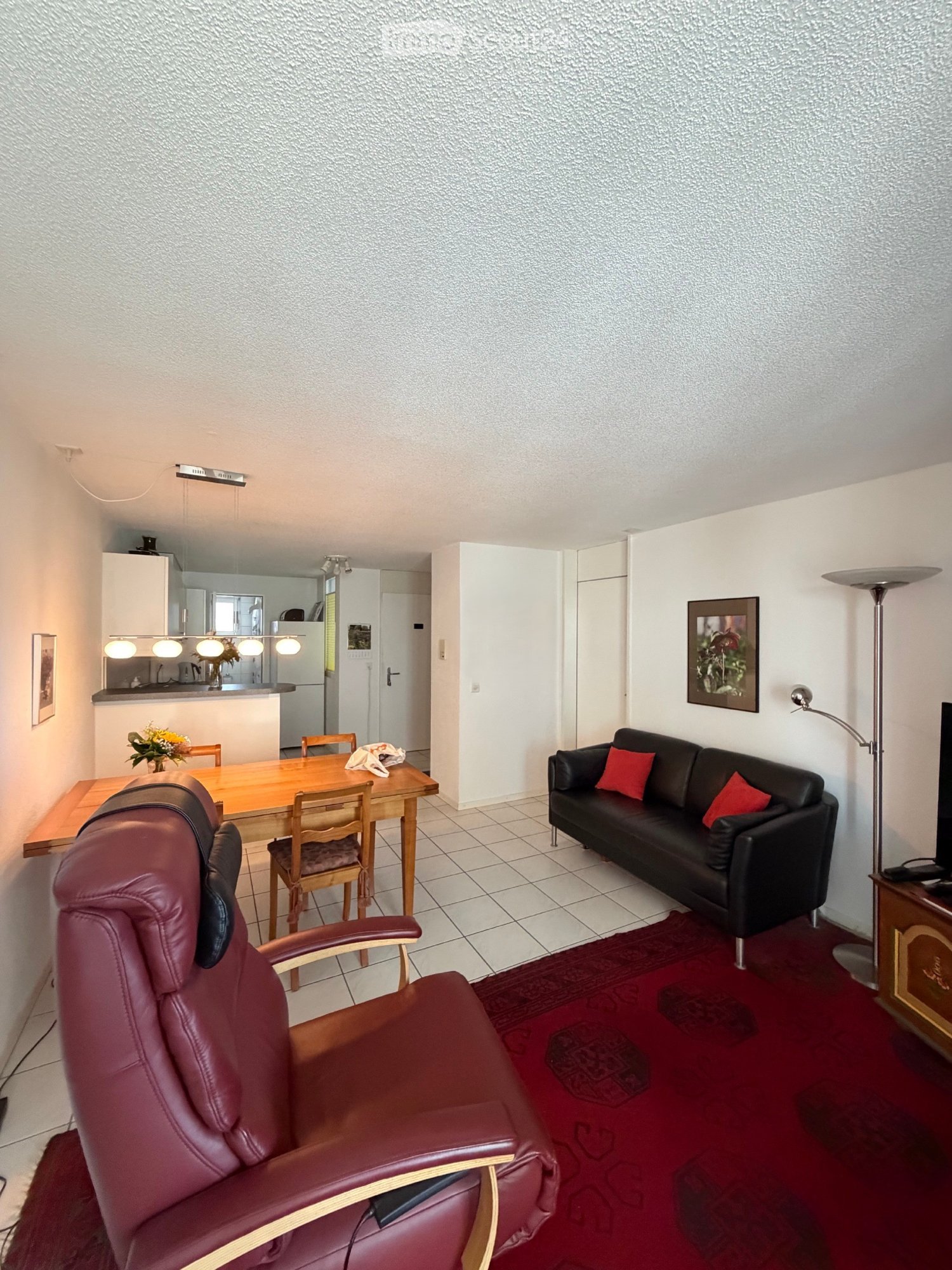 Living room with a red carpet, black leather sofa with red cushions, red leather armchair, wooden dining table with chairs, floor lamp, picture frame, and an open kitchen area with cabinets and appliances.