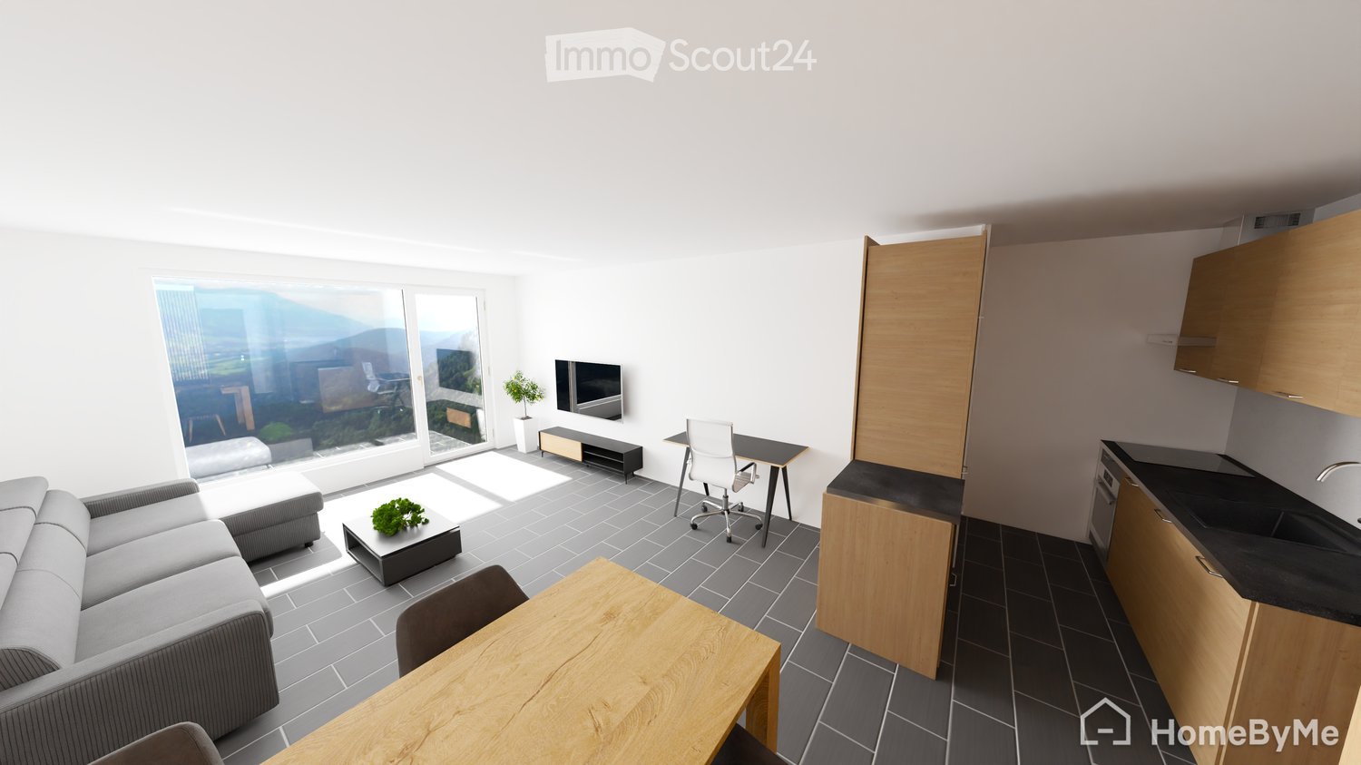 Modern, open-concept living and dining area with a view, featuring a grey sectional sofa, coffee table, dining table, kitchen area with cabinets and sink, and a desk with a chair.