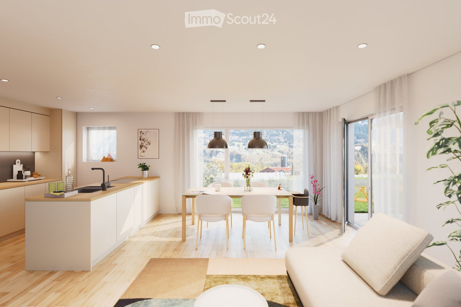 Open-plan living and dining area with modern furniture, large windows, and a kitchen island. Features a sofa, coffee table, dining table with chairs, and a kitchen area with a sink and countertop.