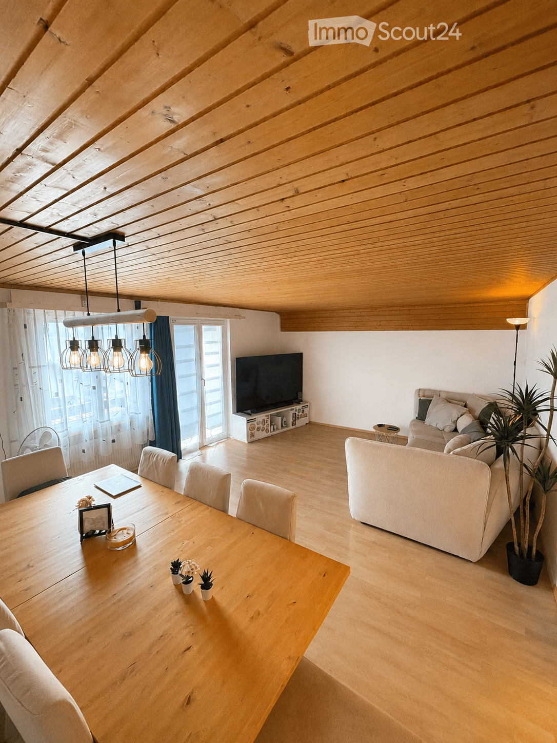 Bright, open living and dining area with wooden floors and exposed wooden beams. Features a large sofa, dining table with chairs, TV on a stand, pendant lights, and a potted plant.