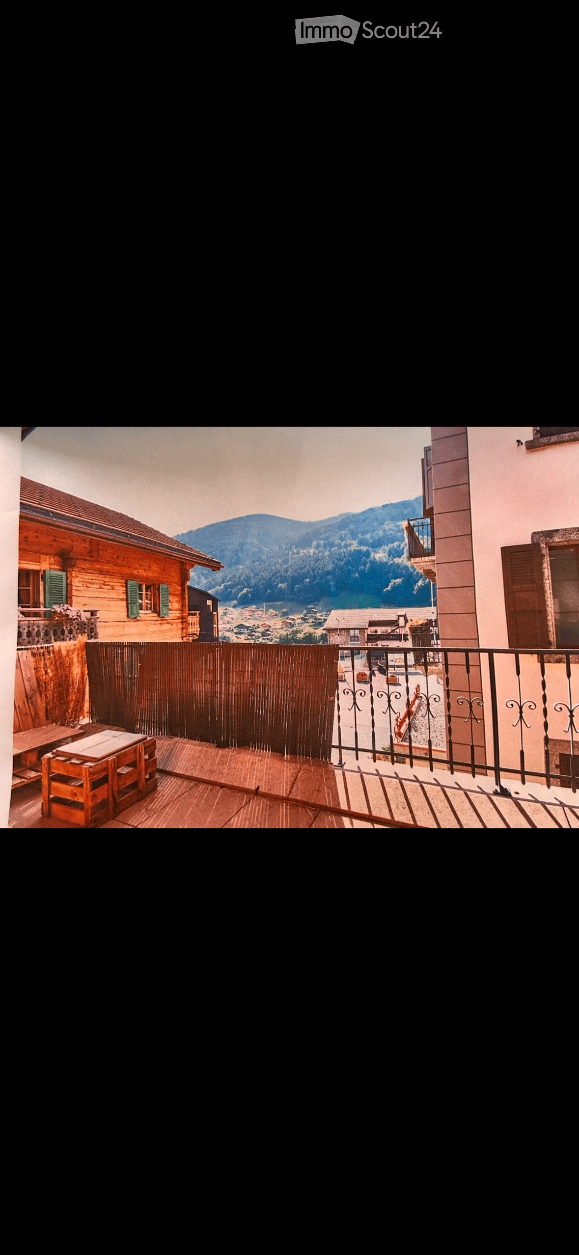 wooden house, green shutters, balcony, wooden fence, mountain view