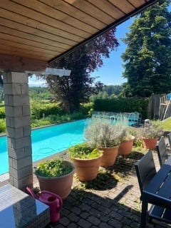 Outdoor patio with a swimming pool, potted plants, a wooden table, and a chair.