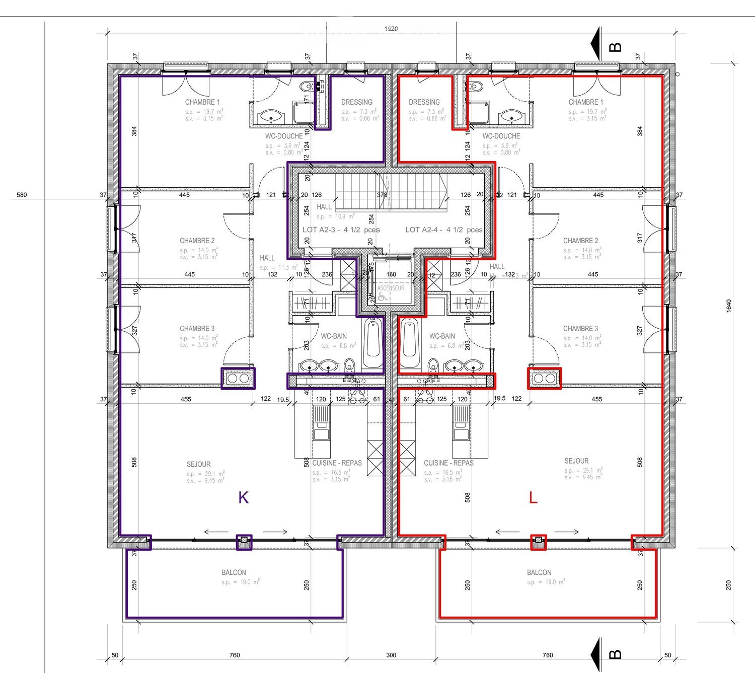 Floor plan showing two apartments (K and L) with multiple rooms including bedrooms, bathrooms, dressing rooms, living areas, kitchens, and balconies.