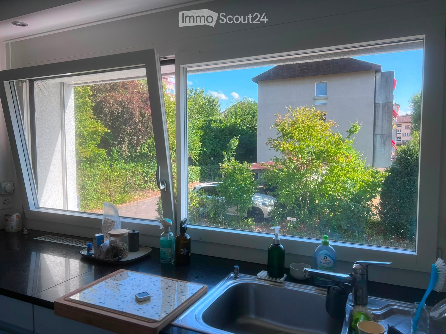 Bright kitchen with large windows overlooking a green area, featuring a sink, faucet, cutting board, and various cleaning supplies on the counter.