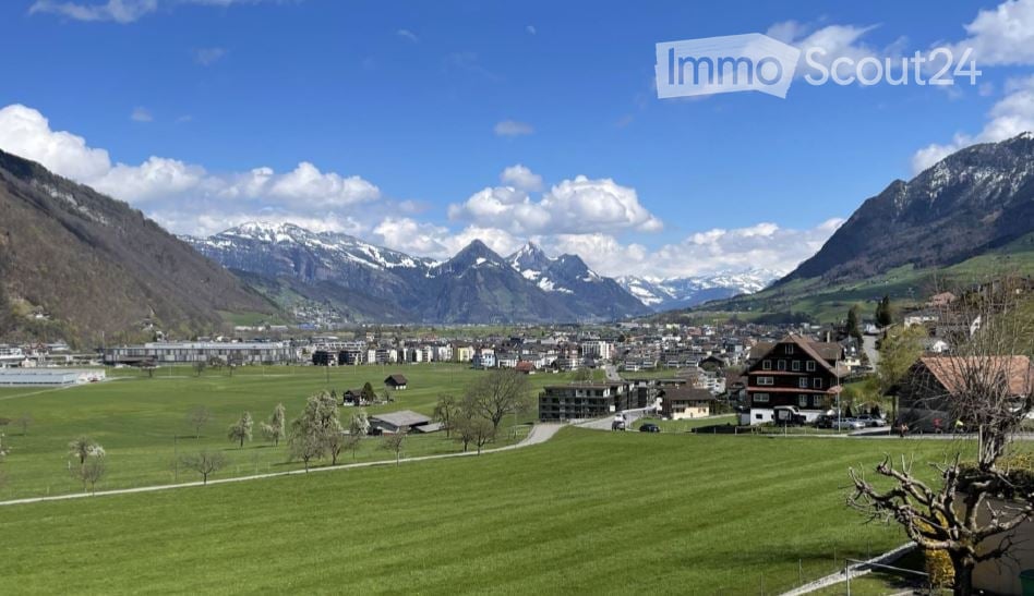 Scenic view of a town nestled in a valley surrounded by mountains, with green fields and scattered buildings.