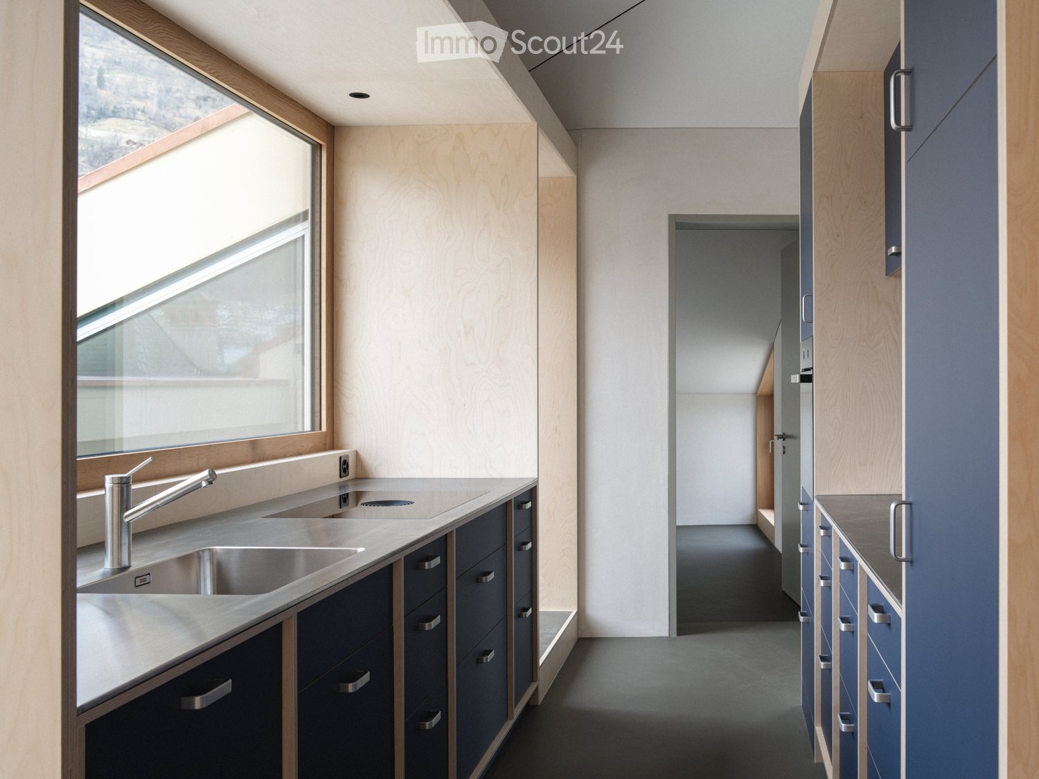 Modern kitchen with stainless steel sink, sleek faucet, and dark blue cabinets with silver handles. Large window provides natural light.