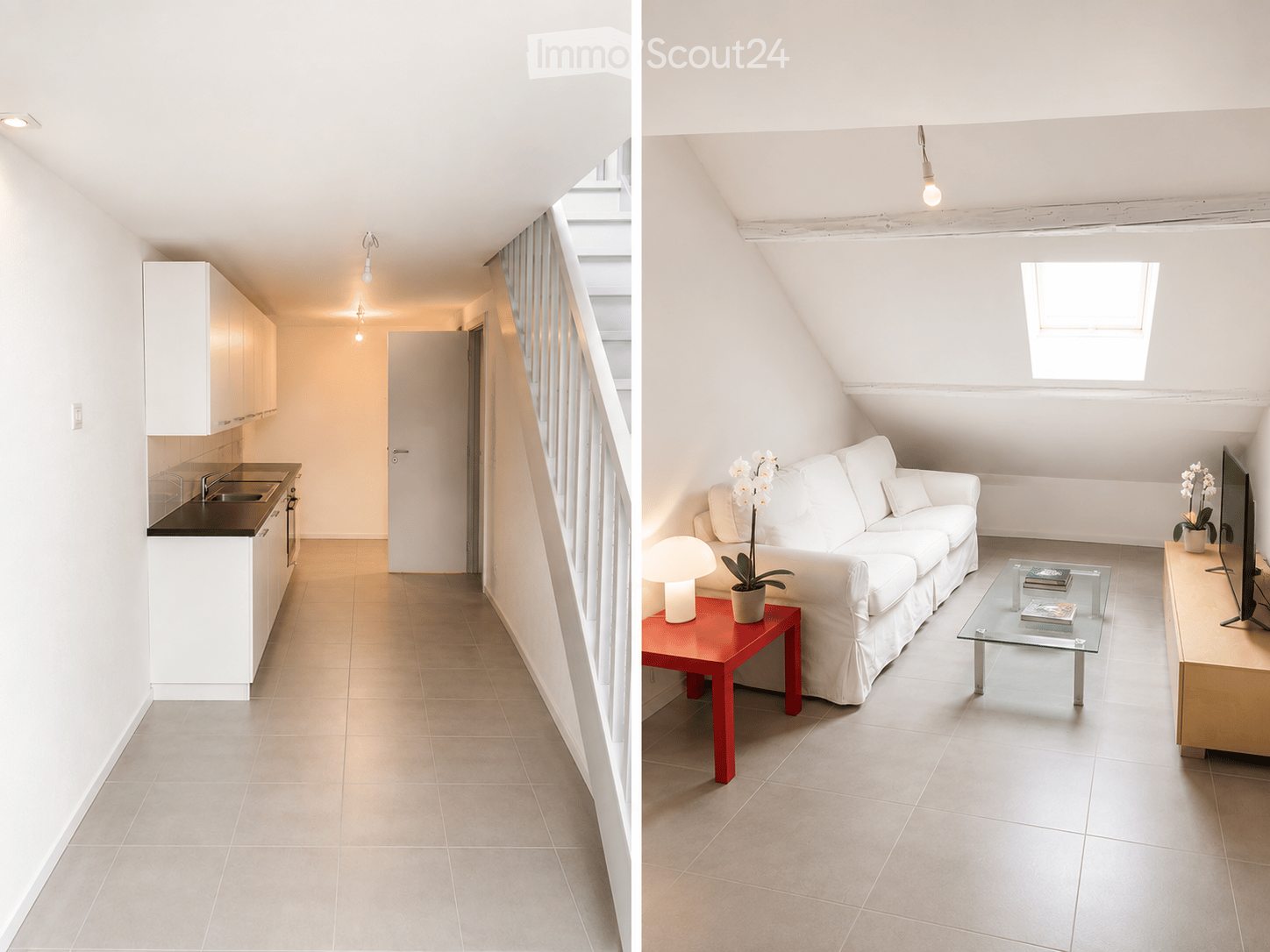 Modern, minimalist living space with a white sofa, glass coffee table, side table with lamp and plant, TV stand, and a compact kitchen area with white cabinets and a sink.