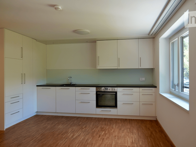 Modern kitchen with white cabinets, wooden flooring, and built-in appliances including a sink, faucet, and oven.