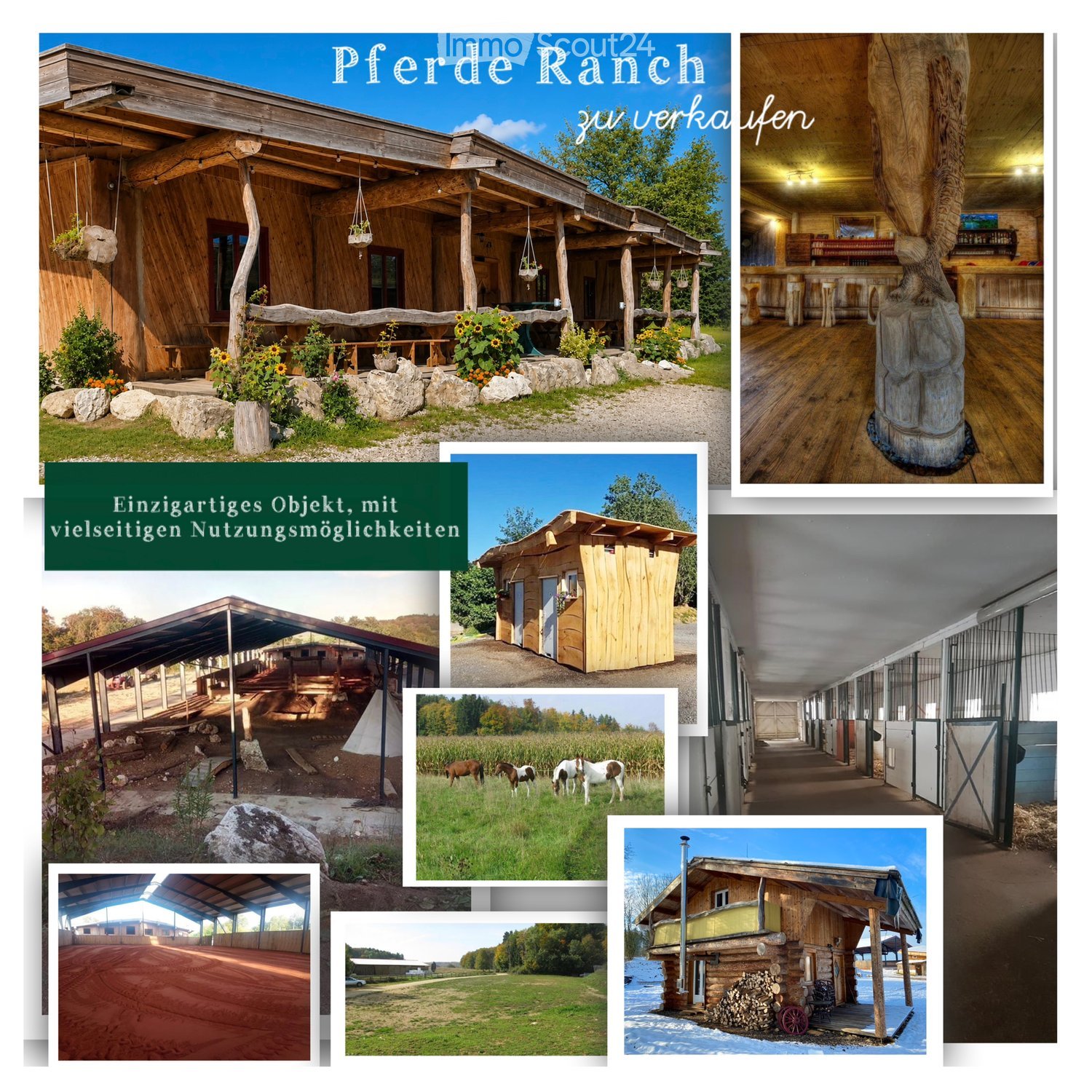 Collage of images showcasing a rustic wooden ranch with a spacious covered patio, outdoor seating, a stable, and a grassy area with horses.