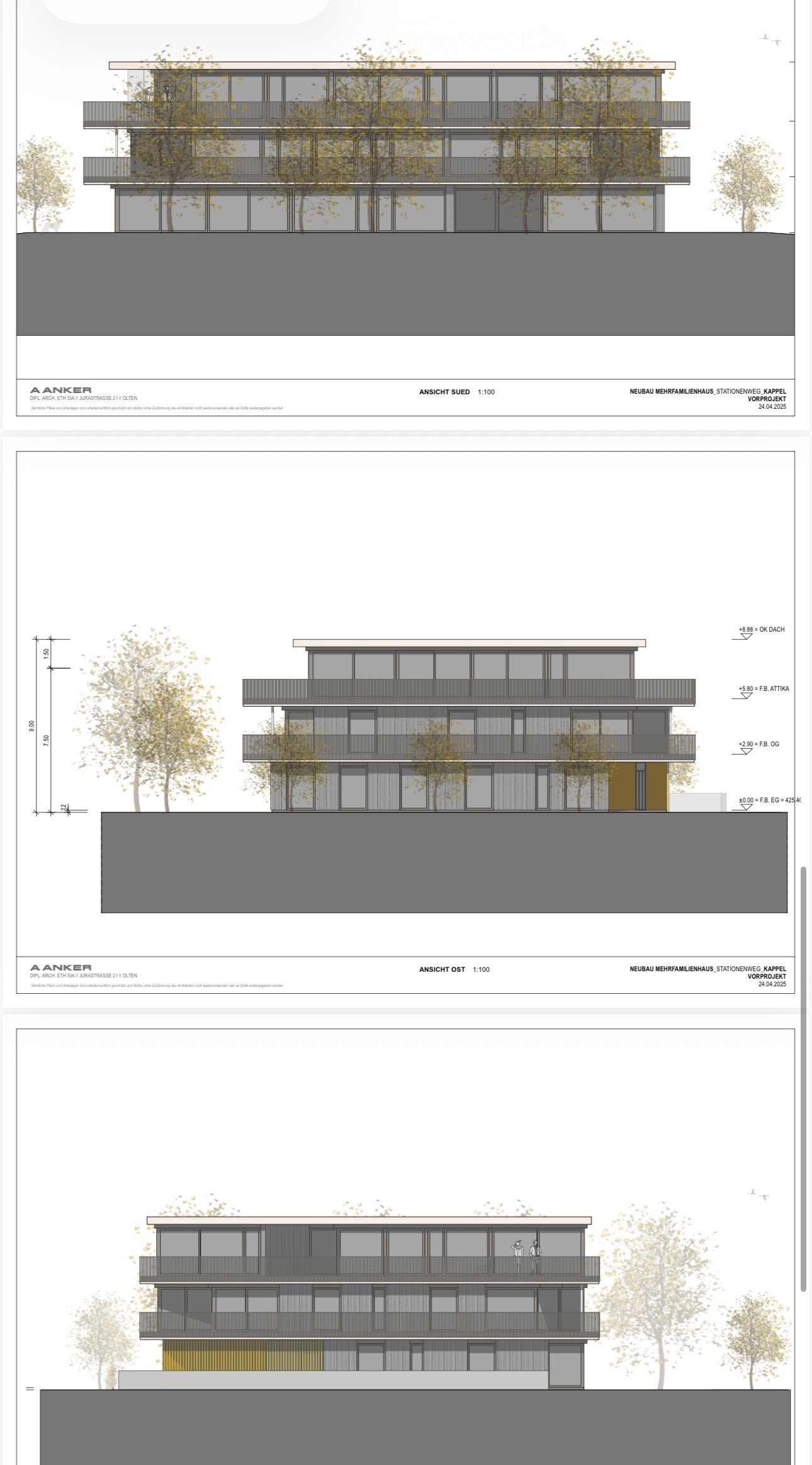 3 story building, multiple balconies, large windows, modern design