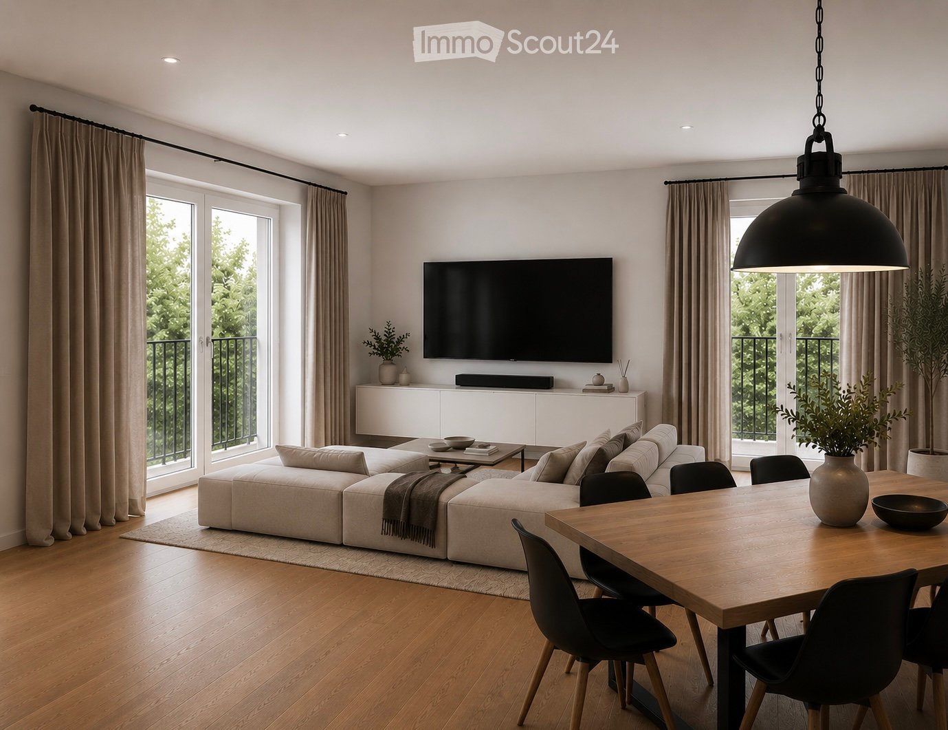 Modern living room with a large sectional sofa, coffee table, dining table with chairs, TV mounted on the wall, and large windows leading to a balcony.