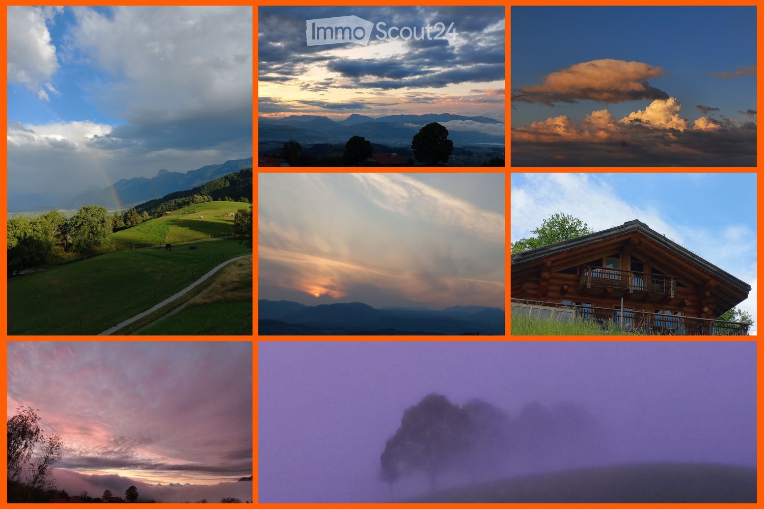 A collage of six scenic outdoor images featuring mountains, valleys, clouds, and a wooden house with a balcony.