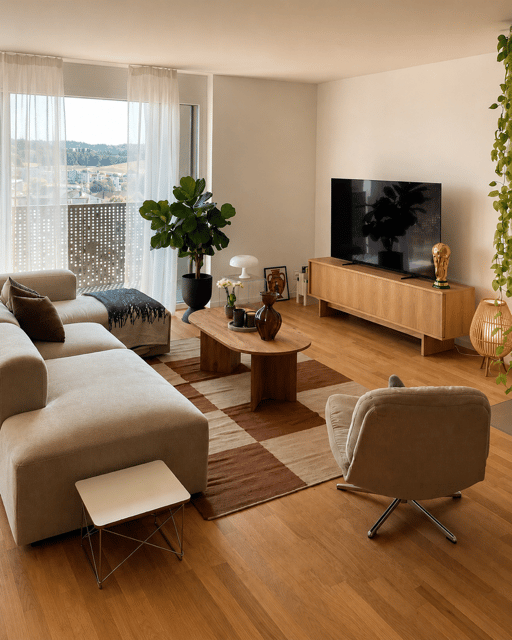 Modern living room with large windows offering a scenic view, featuring a beige sectional sofa, wooden coffee table, armchair, table lamp, TV, and decorative plants.