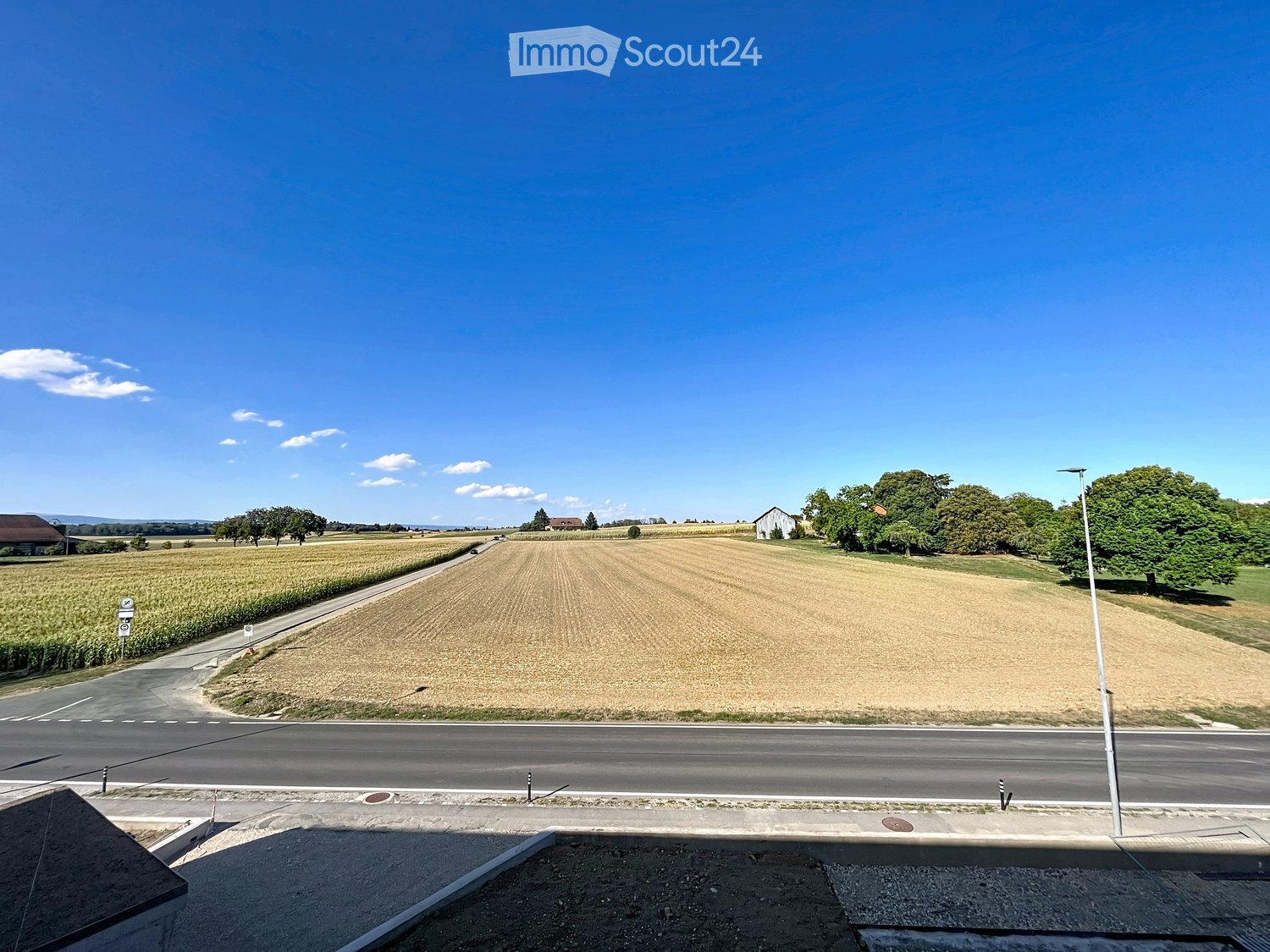 A rural landscape with a wide, open field, a road running alongside, and scattered trees and buildings in the distance.