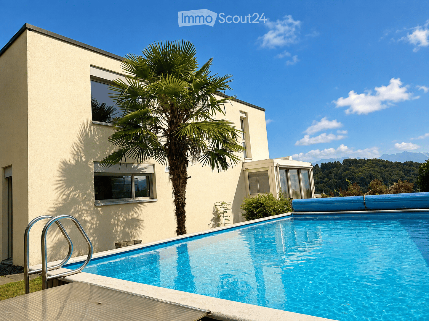A modern house with a swimming pool in the foreground, surrounded by greenery and a palm tree. The pool has a metal handrail on one side and a blue inflatable pool cover on the adjacent area.