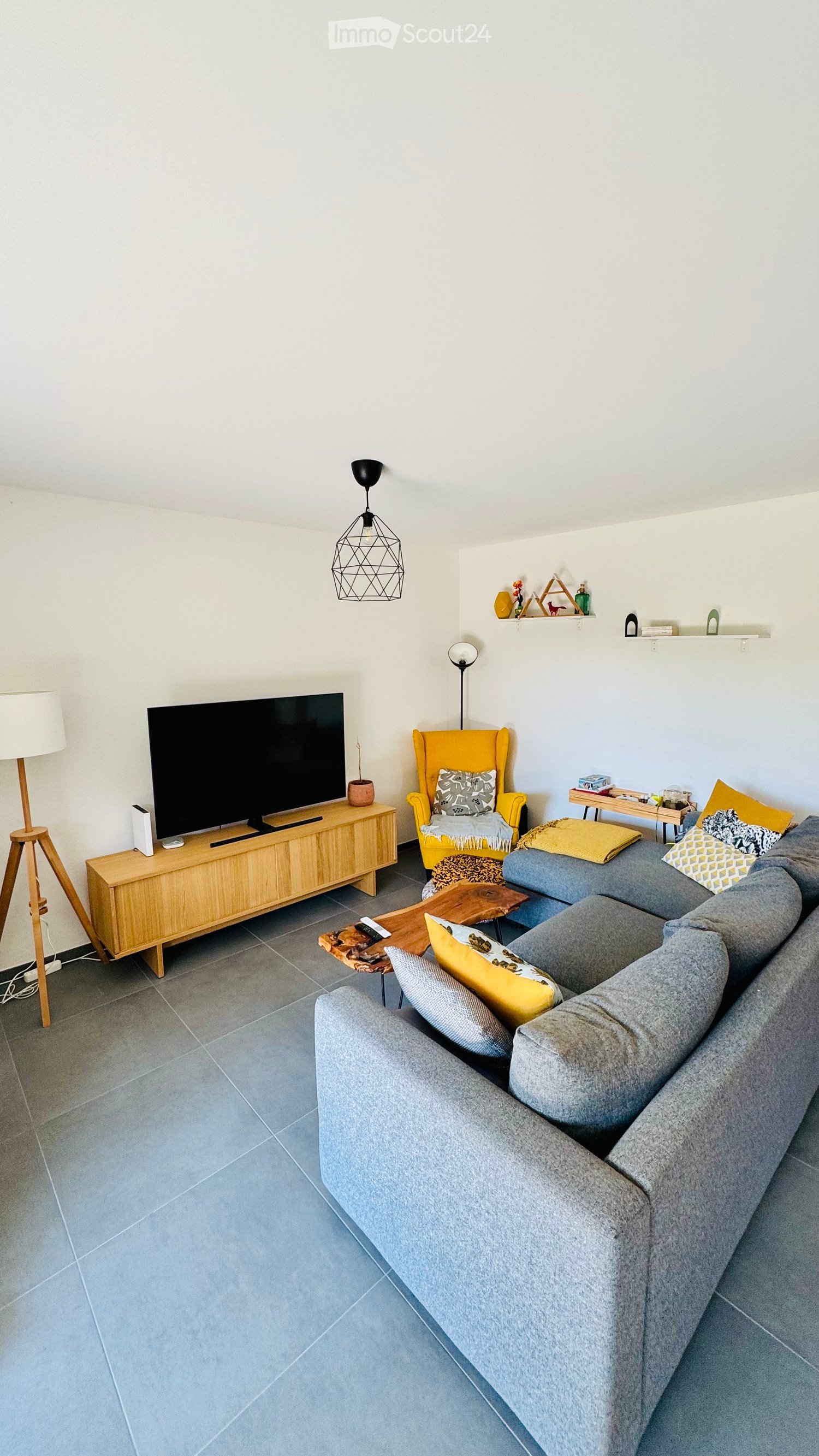 Modern living room with grey sectional sofa, wooden coffee table, armchair, TV on wooden cabinet, floor lamp, and decorative shelf.