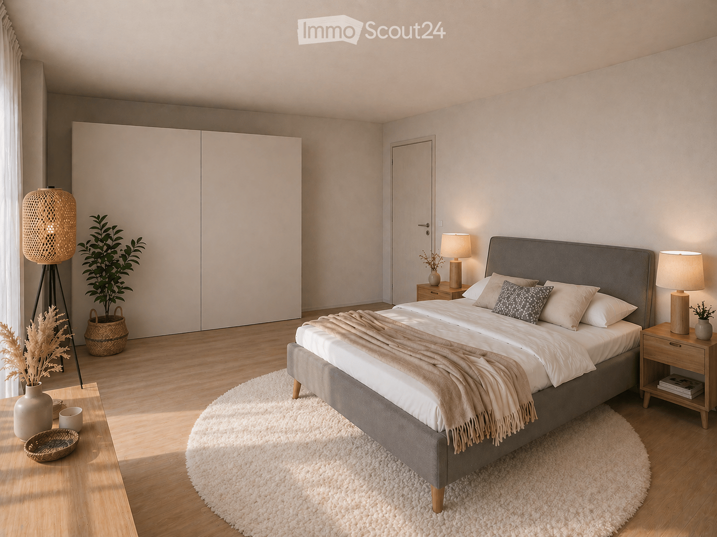Modern bedroom with a large bed, nightstands, lamps, a round rug, and decorative plants and vases.