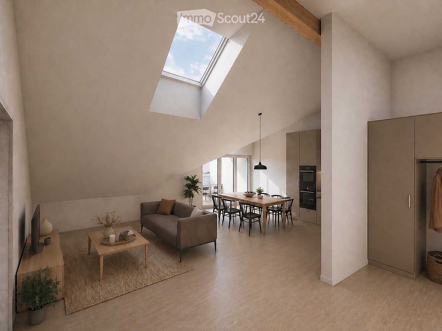 Open-plan living and dining area with wooden flooring, a sofa, coffee table, dining table with chairs, and a modern kitchen area with an oven and wardrobe.