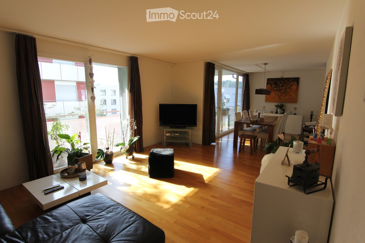 Open plan living and dining area, hardwood floors, large windows, balcony, flat screen TV, sofa, dining table, potted plants