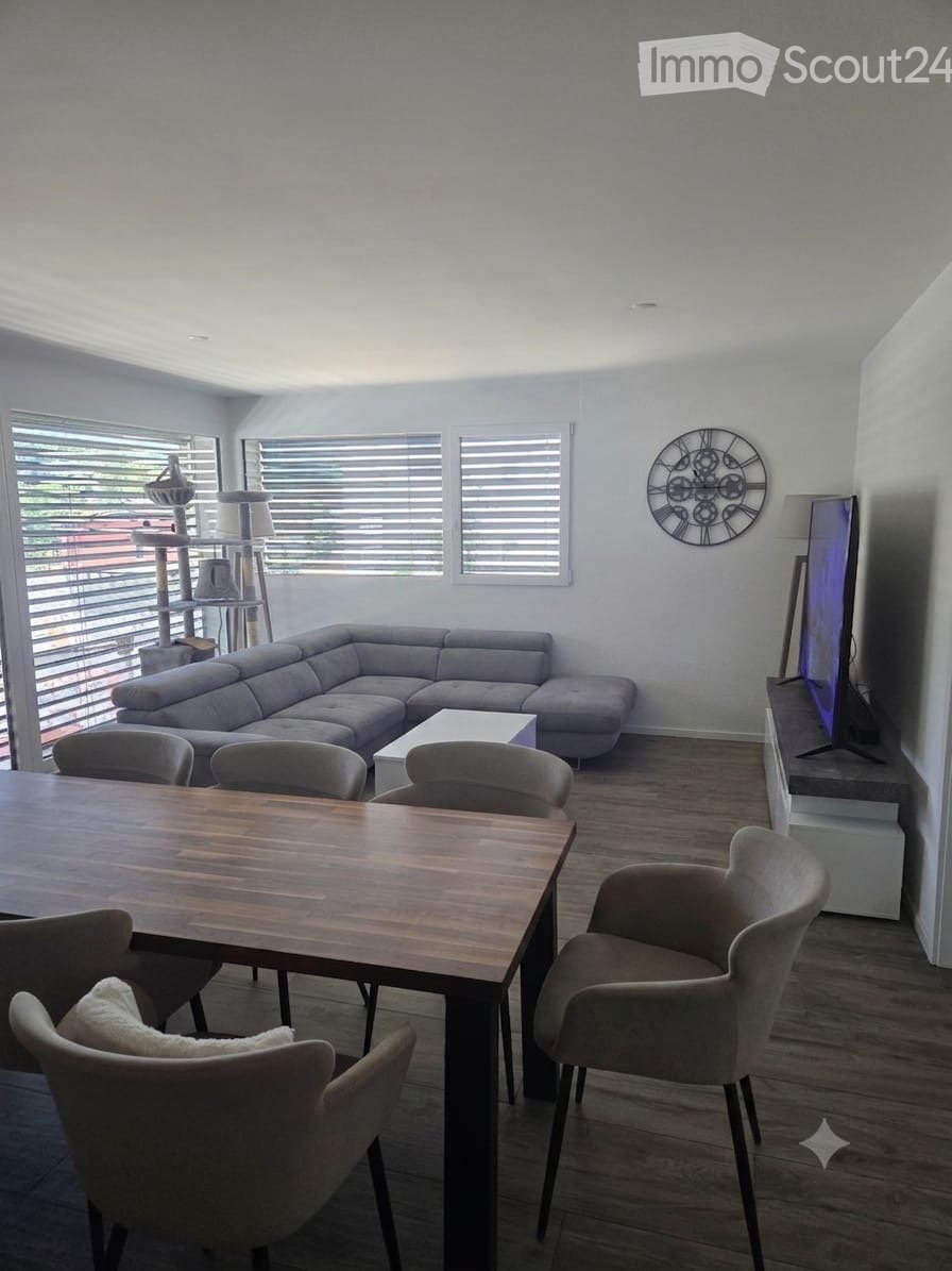 Modern living and dining area with a grey sectional sofa, coffee table, dining table with chairs, cat tree, wall clock, and television.