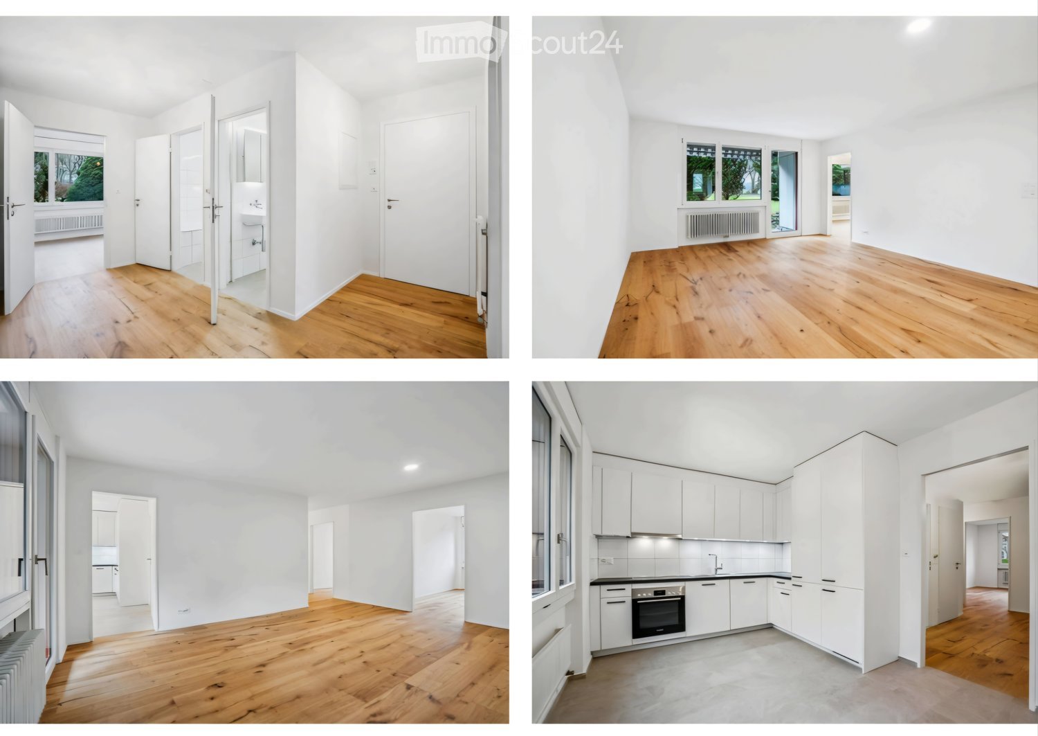 Four images showing unfurnished rooms with light wooden flooring, white walls, and large windows. The rooms are empty, with no furniture or personal items visible.