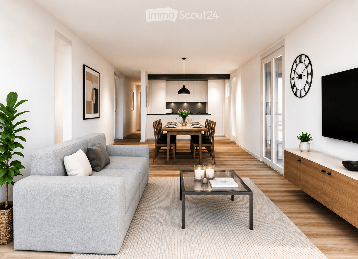 Modern living and dining area with a grey sofa, coffee table, dining table with chairs, TV, and decorative items.