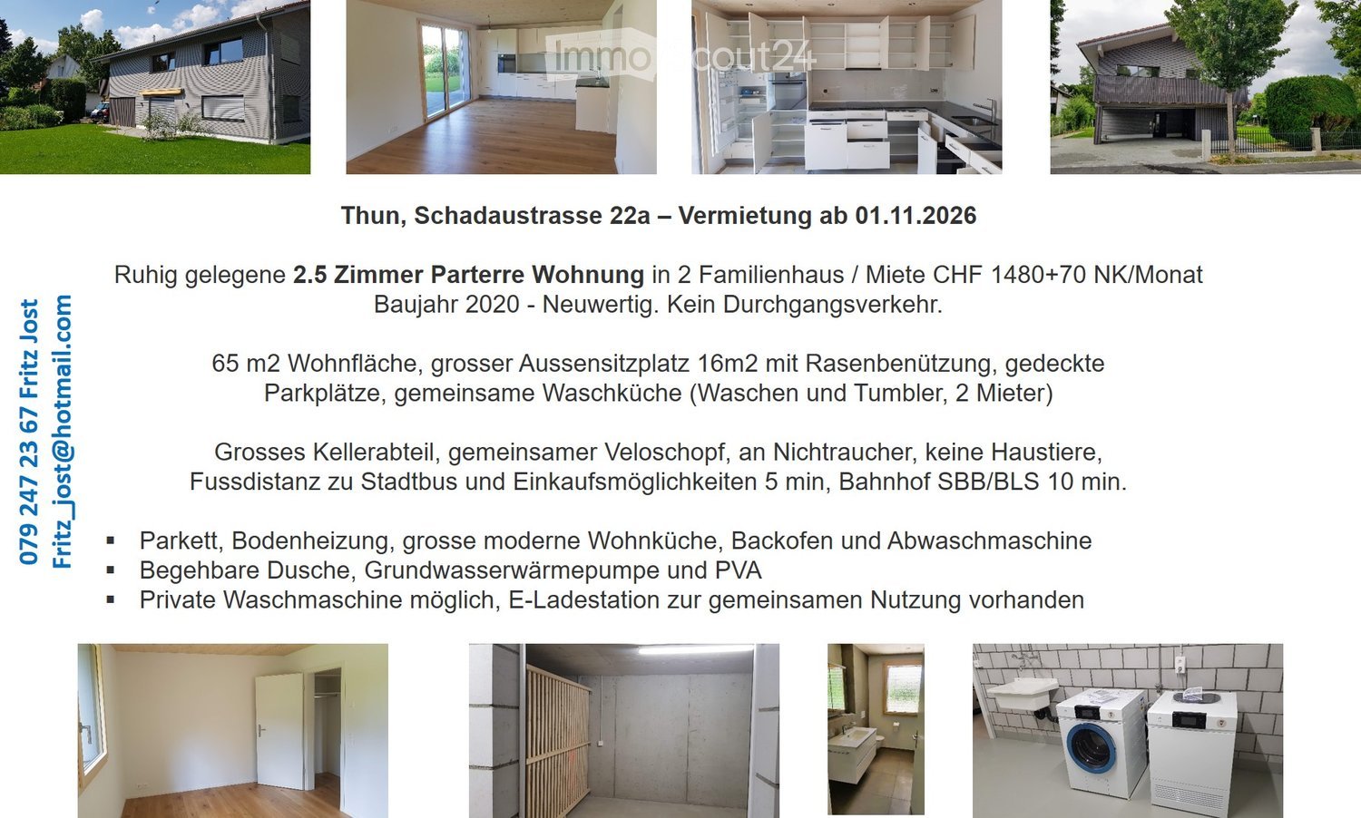 Modern2.5-room apartment in a 2-family house, built in 2020, with a large outdoor seating area, covered parking spaces, and a shared laundry room.