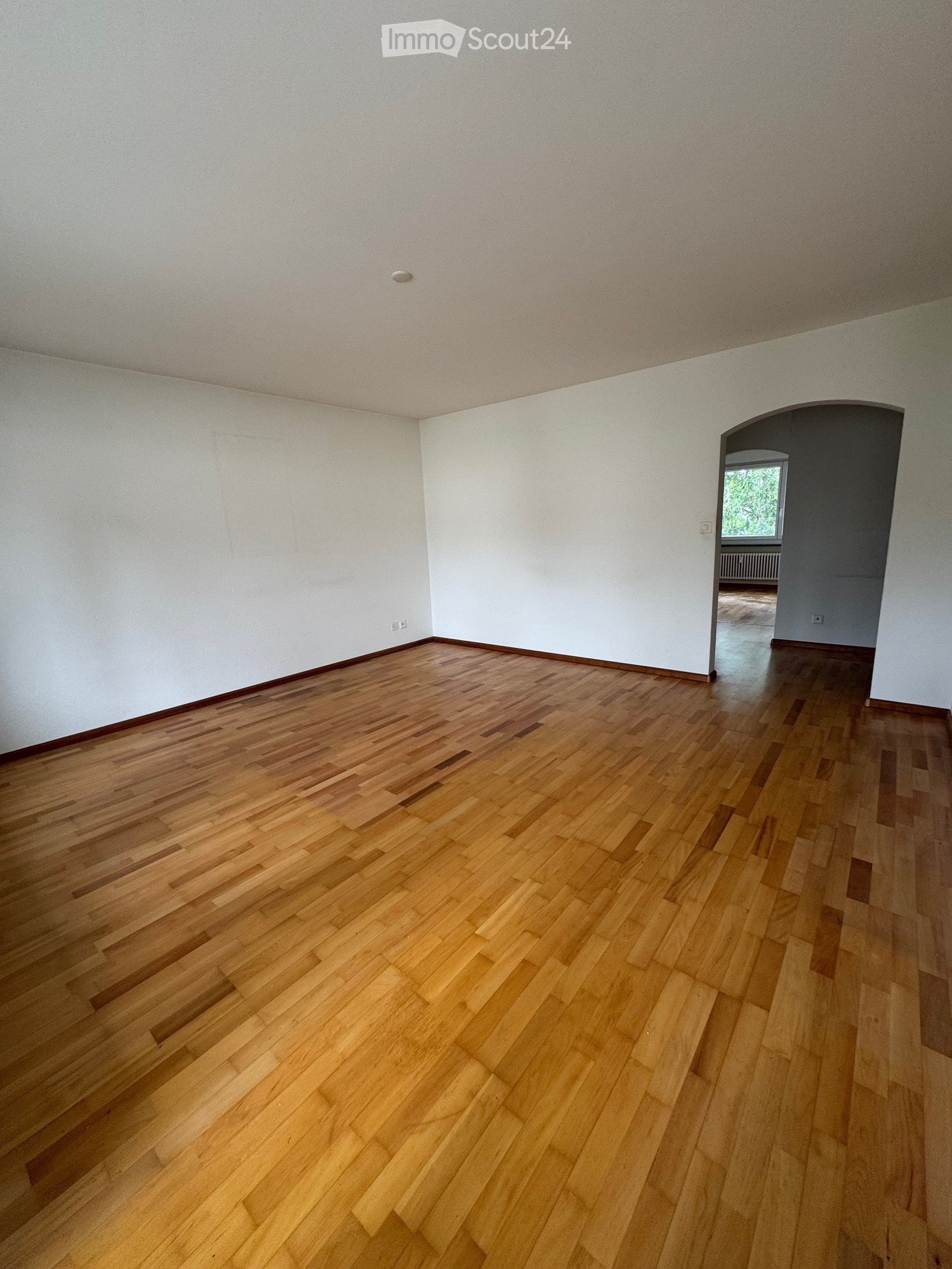 Empty room with light-colored wooden flooring and white walls, featuring an arched doorway leading to another room with a window and radiator visible.