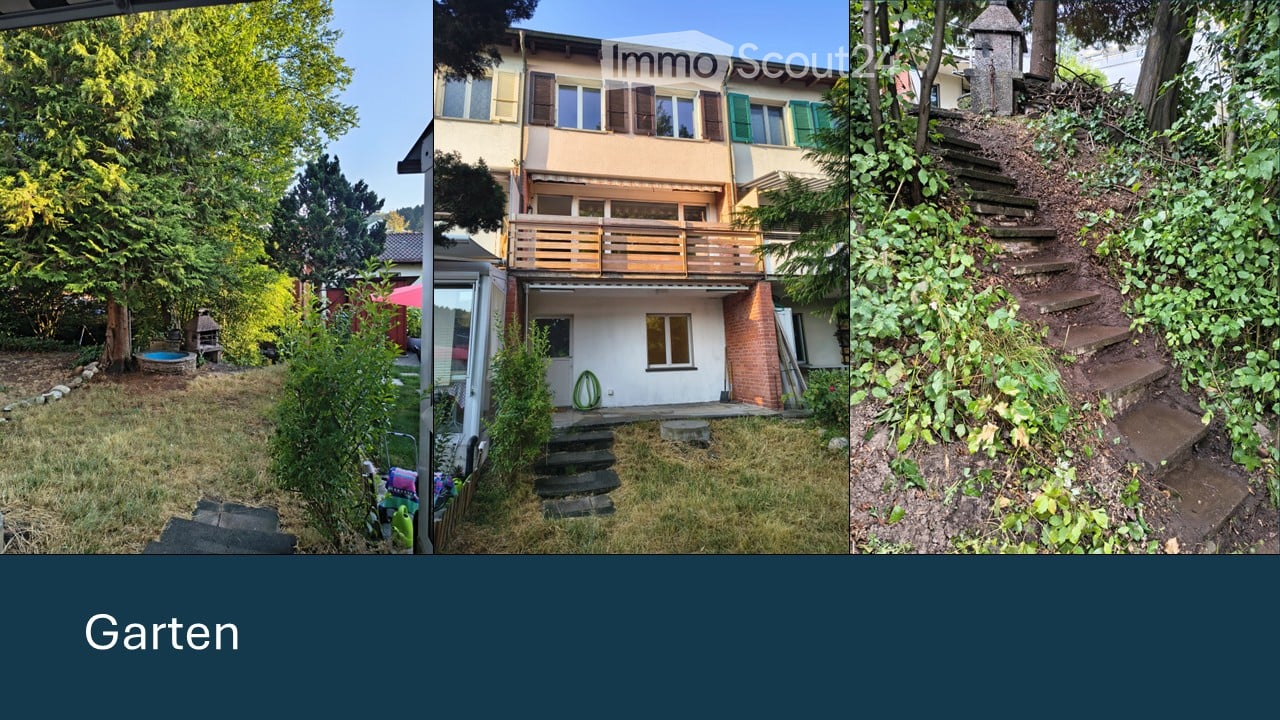 Three images showing a garden area, a two-story house with a balcony, and a steep staircase leading up a hill.