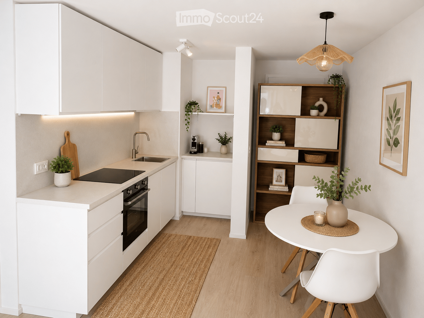 Modern kitchen with white cabinets, island, sink, oven, pendant light, dining table with chairs, shelves, and decorative items.