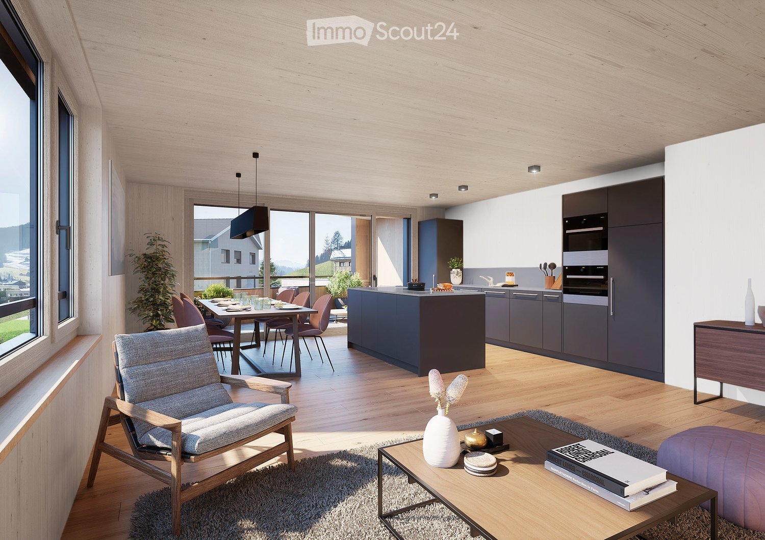 Open-plan living and dining area with modern furniture, wooden flooring, large windows, and a kitchen island.