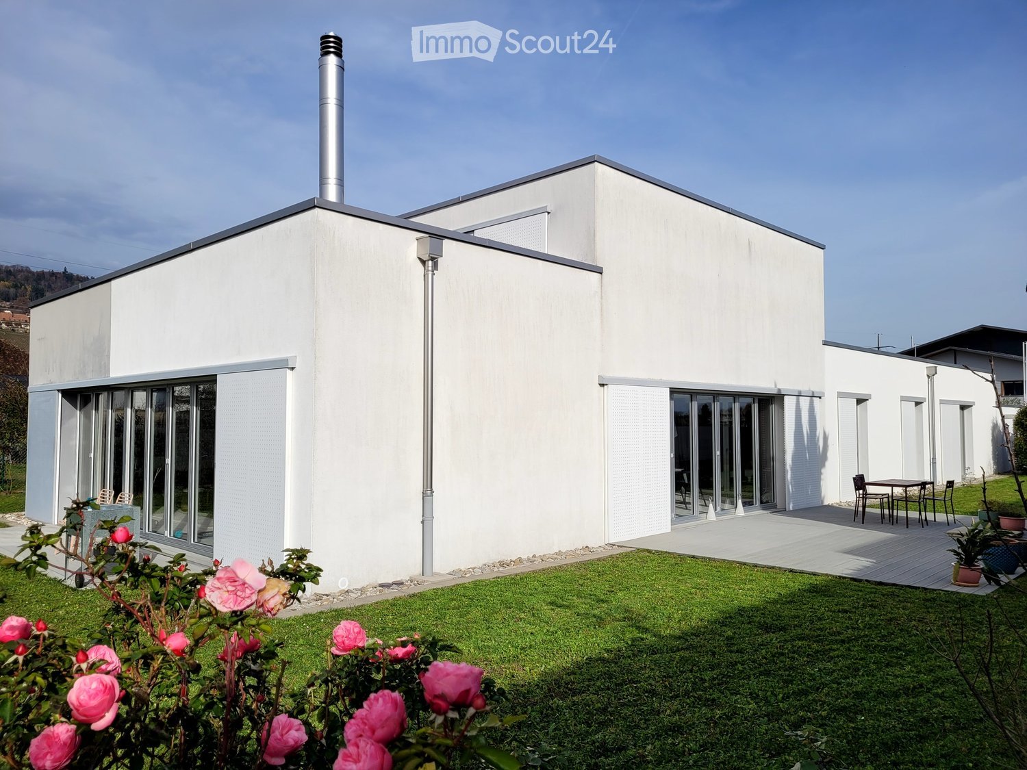 Modern white house with large windows, a chimney, and a well-maintained lawn with pink roses in the foreground.