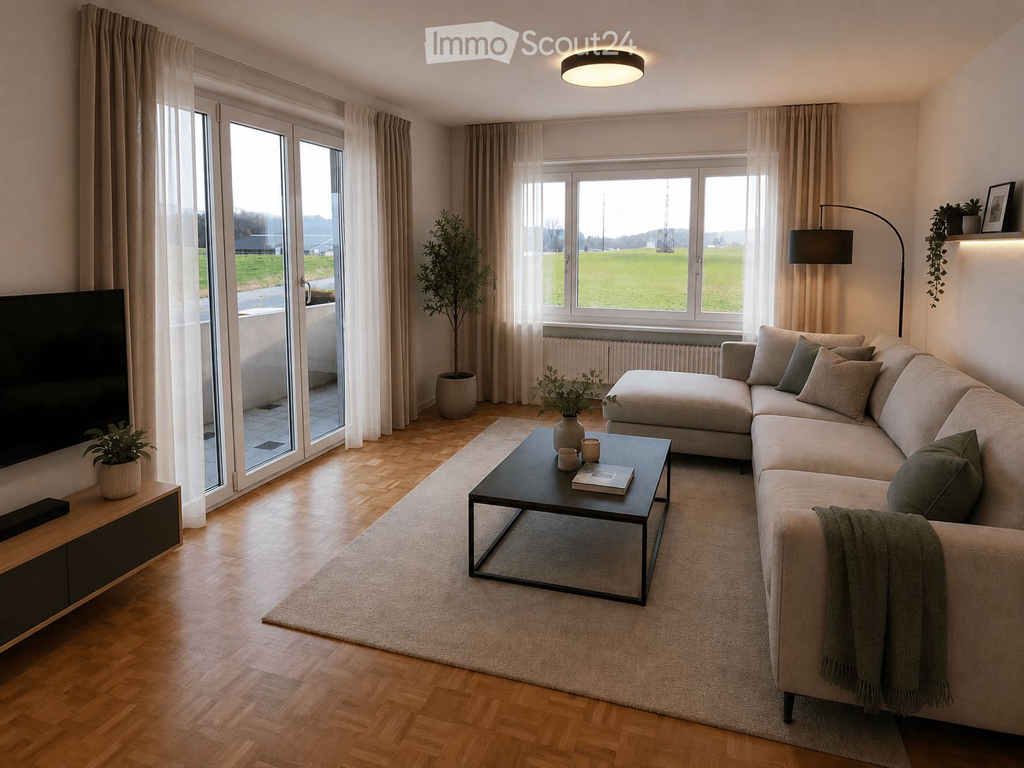 Modern living room with large windows offering a view, a sectional sofa, coffee table, floor lamp, TV, side table, and decorative plants.