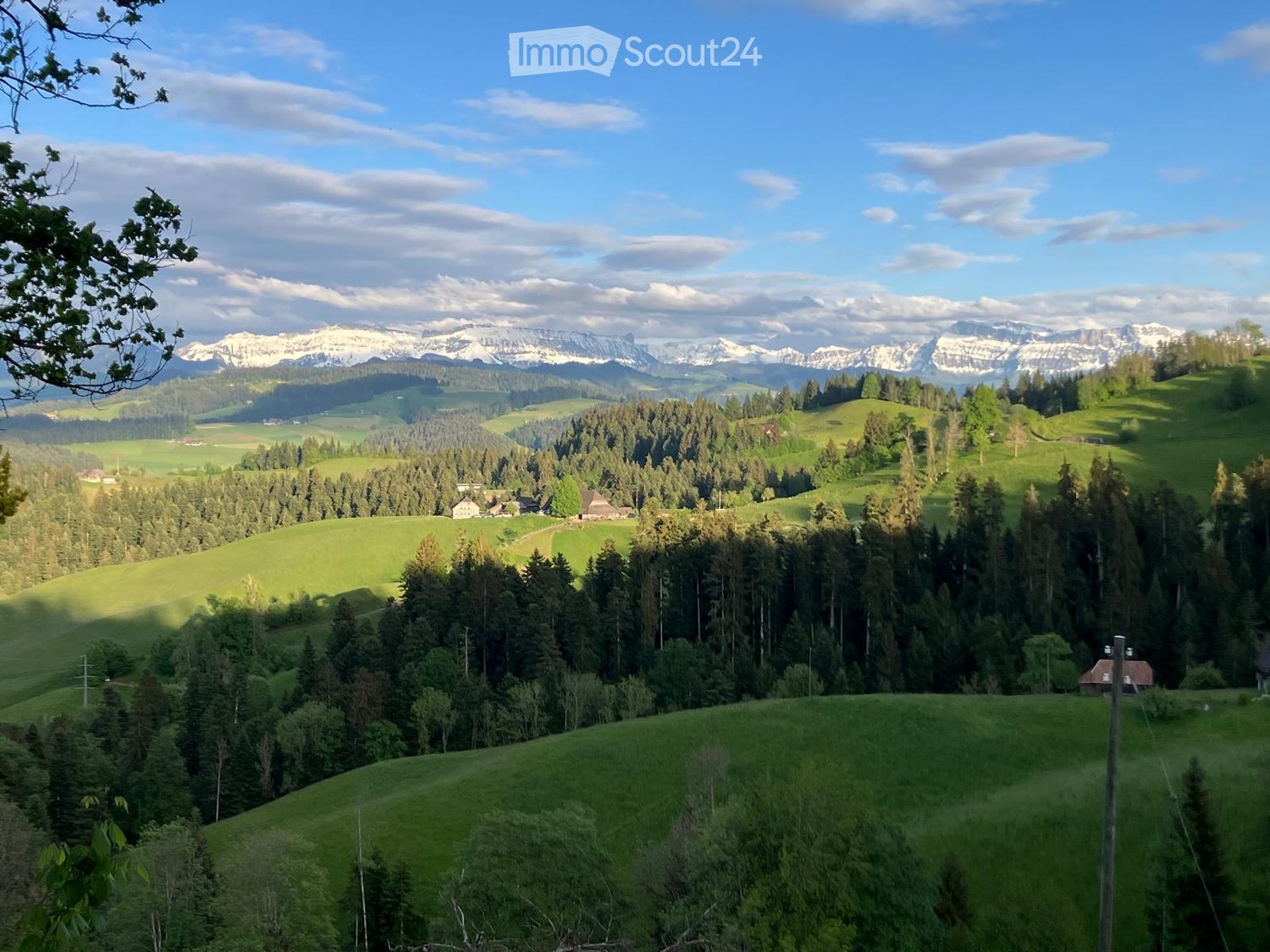A panoramic view of a lush green valley with scattered trees, small houses, and snow-capped mountains in the background under a partly cloudy sky.