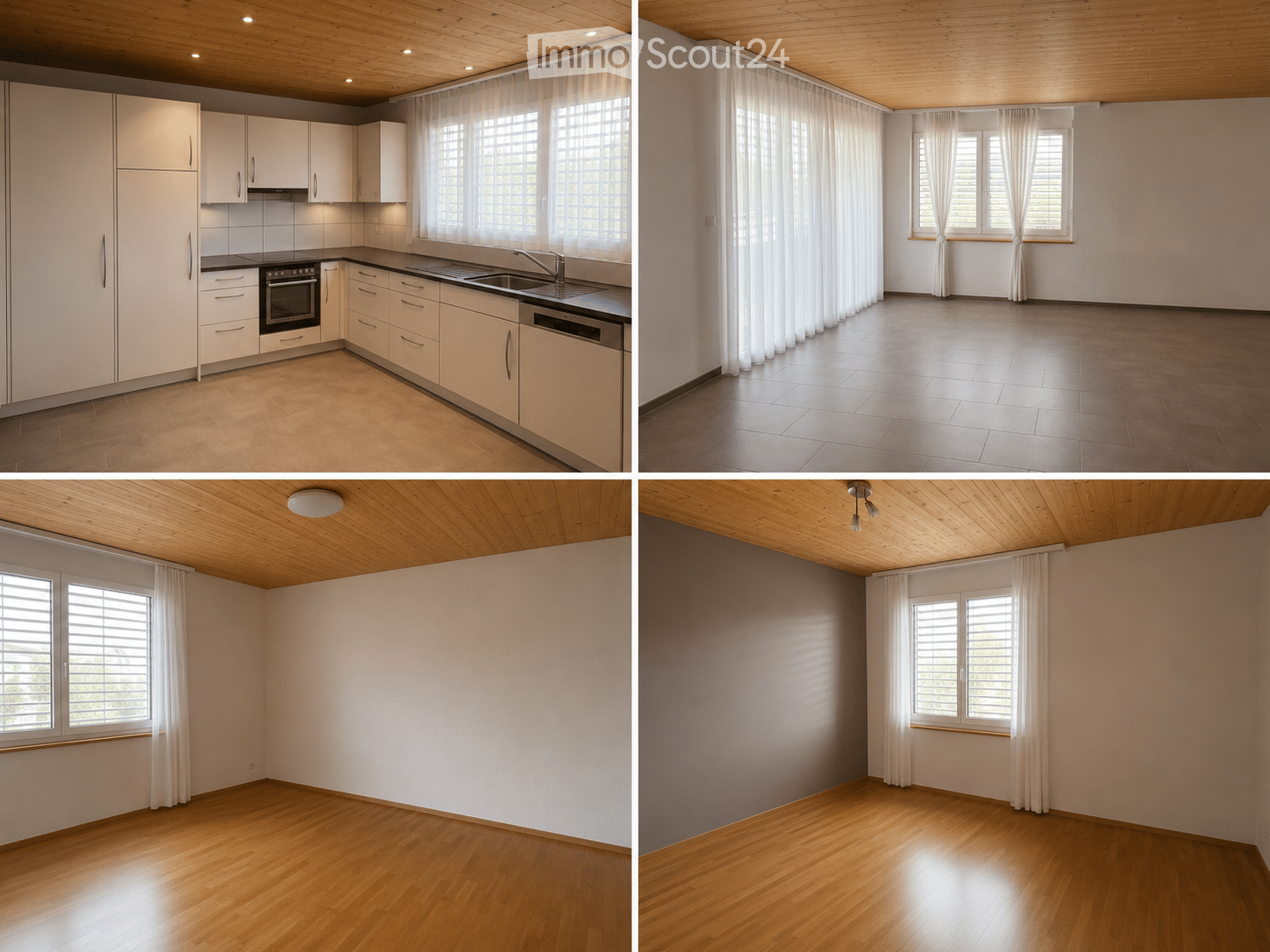 Four images showing unfurnished rooms with wooden floors, white walls, large windows with white curtains, and recessed lighting. The top left image shows a kitchen with white cabinets, a sink, and an oven, but the other three images depict empty rooms wit