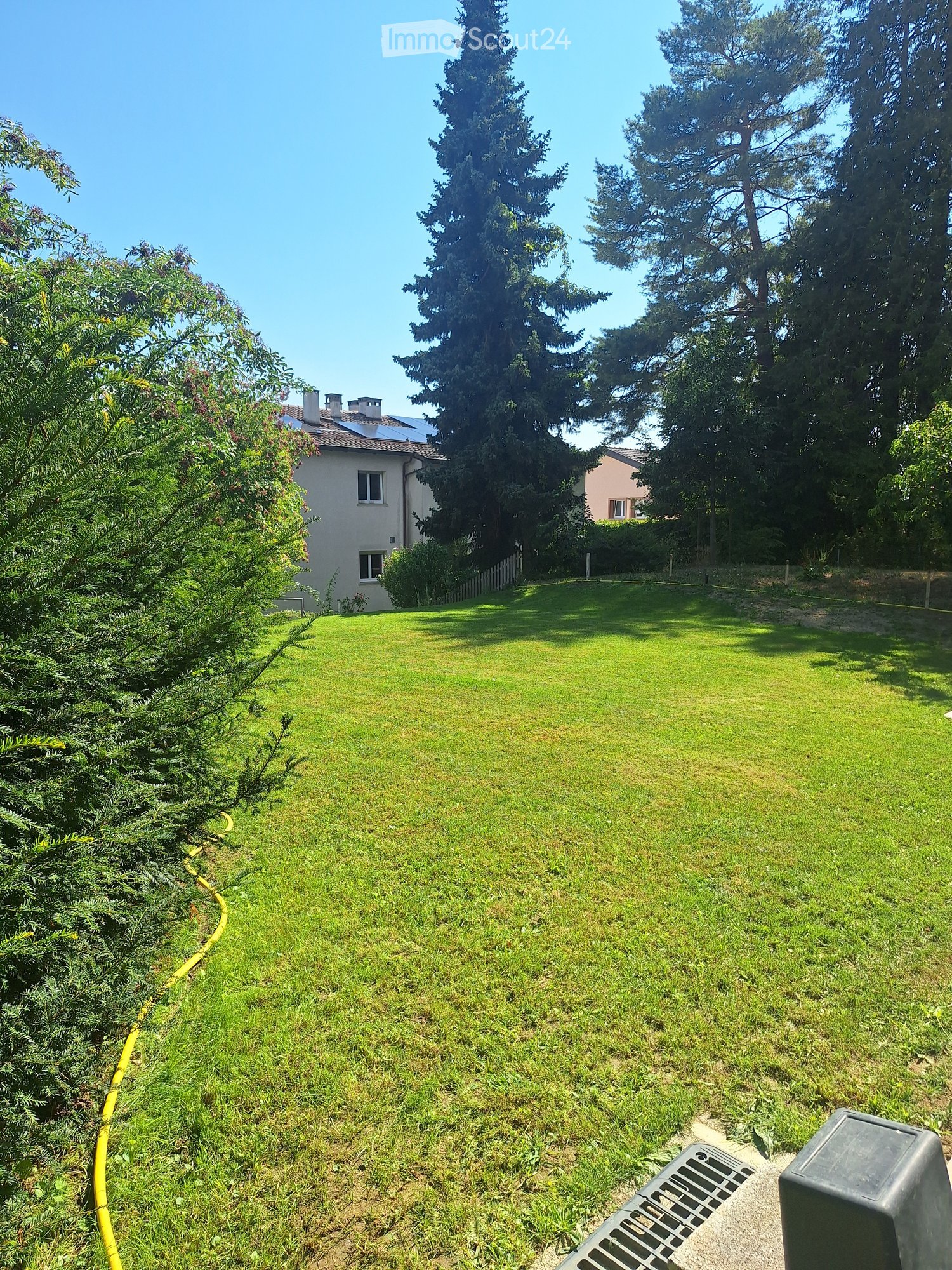 Well-maintained lawn with surrounding trees and bushes, featuring a white house with solar panels on the roof in the background.