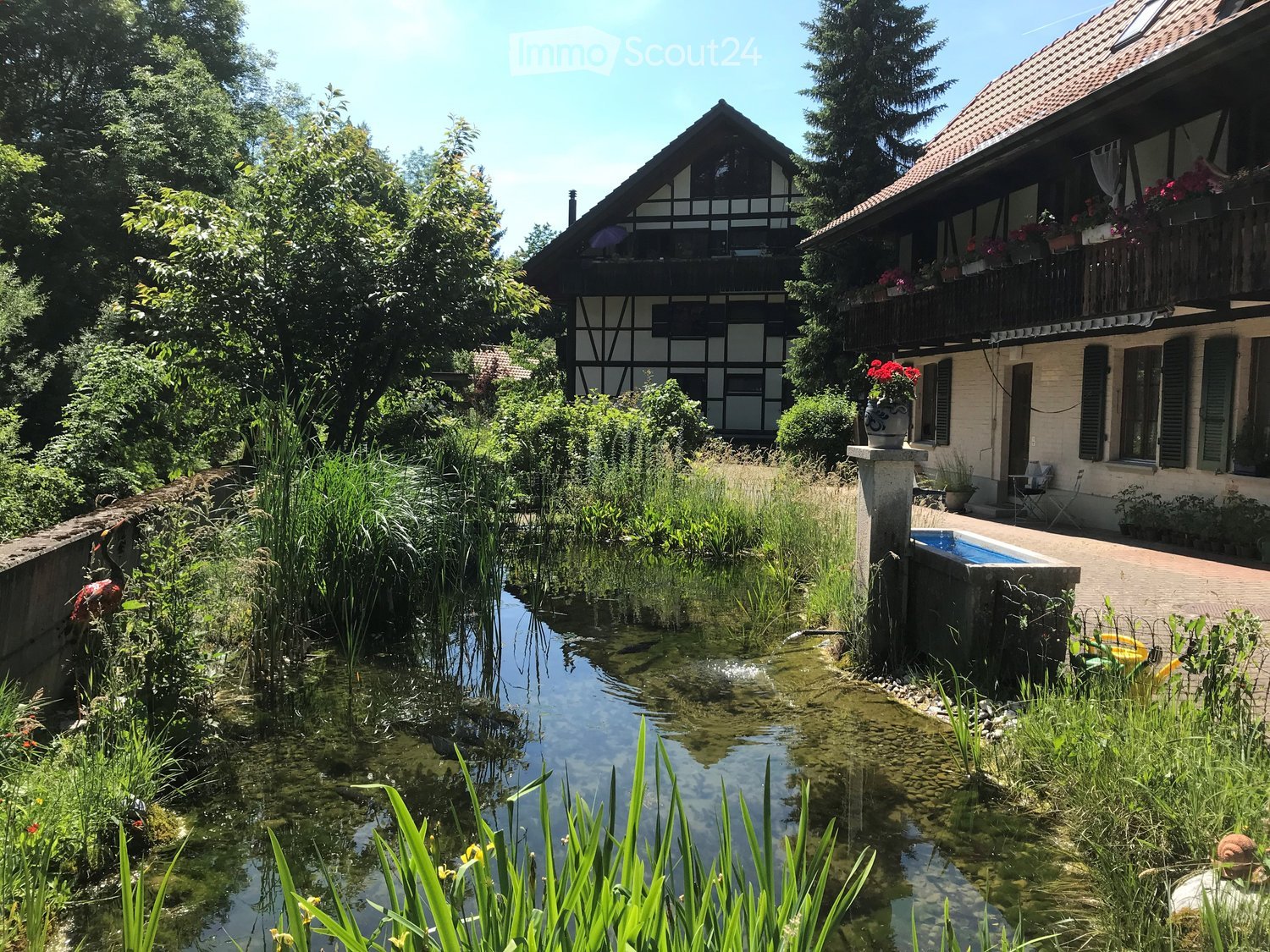 A serene garden area with a small pond, lush greenery, a swimming pool, and traditional houses with balconies and flower boxes.