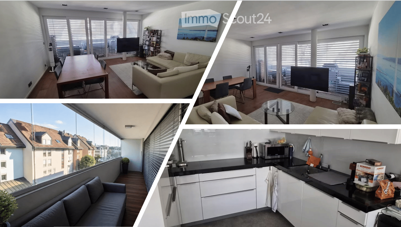 Modern apartment with large windows offering a city view, featuring a living room with a sofa, coffee table, dining area with a table and chairs, and a kitchen with white cabinets and a microwave.
