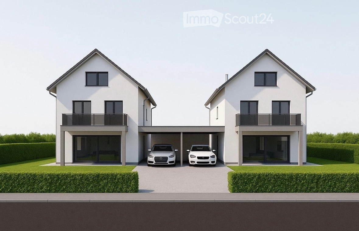 Modern two-story house with white exterior, large windows, balconies, and a two-car garage.