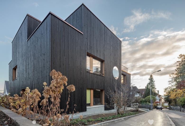 Modern two-story house with dark wooden facade, large windows, and a rounded window on the upper level. The house is surrounded by a small garden area with bare trees and shrubs.