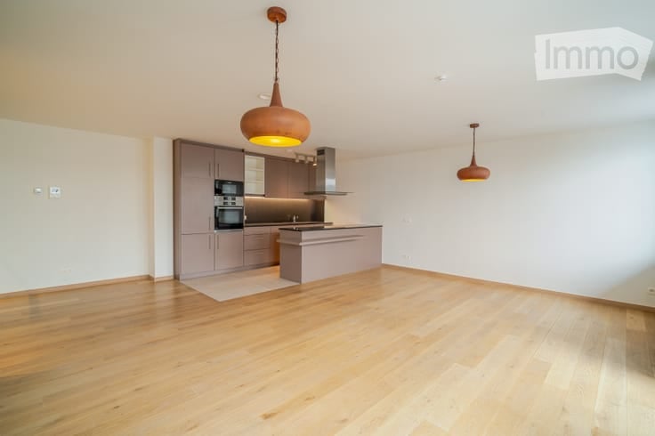 Modern kitchen with light wood flooring, grey cabinets, an island, and pendant lights. The space is clean and well-lit, with a neutral color palette.