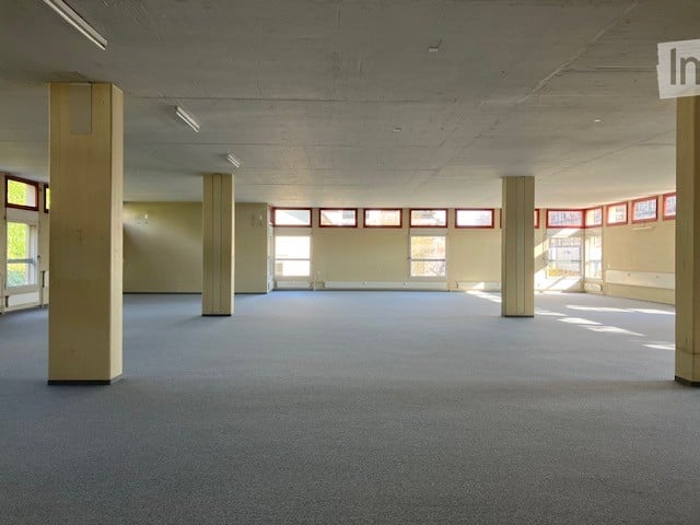 Empty room with carpeted floor, white walls, large windows, and pillars