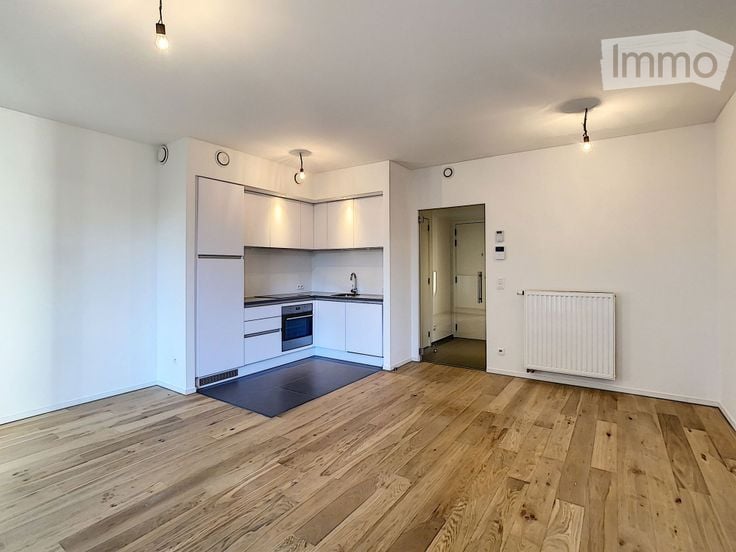 Empty room with light wooden flooring, white walls, and a small kitchen area with white cabinets and appliances visible in the background.