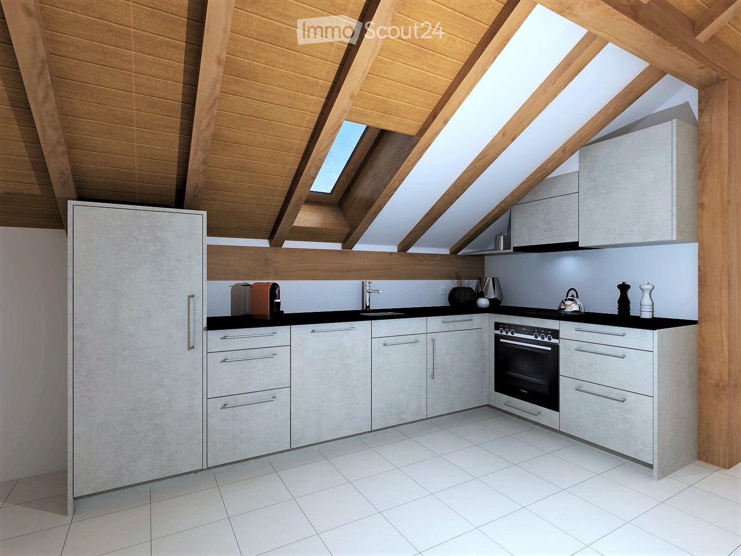 Modern kitchen with white cabinets, stainless steel appliances, and a black countertop. Features include a refrigerator, oven, toaster, and decorative vases.