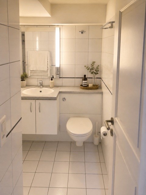Modern bathroom with white tiles, a sink, a toilet, a mirror, and a small plant on the counter.