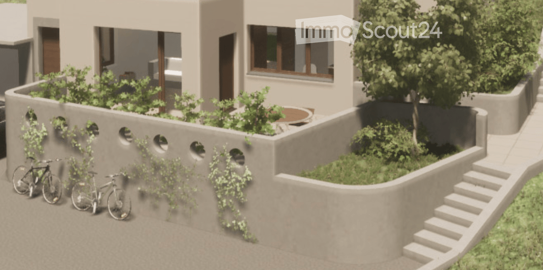 A modern rooftop garden with a raised concrete planter wall, greenery, bicycles, and a small seating area.