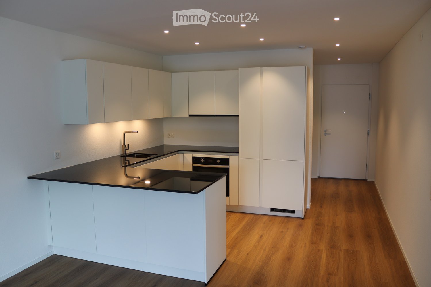 Modern kitchen with white cabinets, black countertop, built-in sink, and oven. Wooden flooring and recessed lighting.
