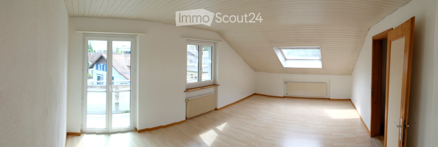 Empty attic room with wooden flooring, white walls, large windows, and a skylight. No furniture or equipment present.