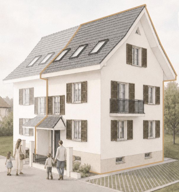 A two-story house with a gray roof, white walls, and multiple windows with brown shutters. A small balcony is visible on the second floor, and the house is surrounded by a paved pathway and greenery.